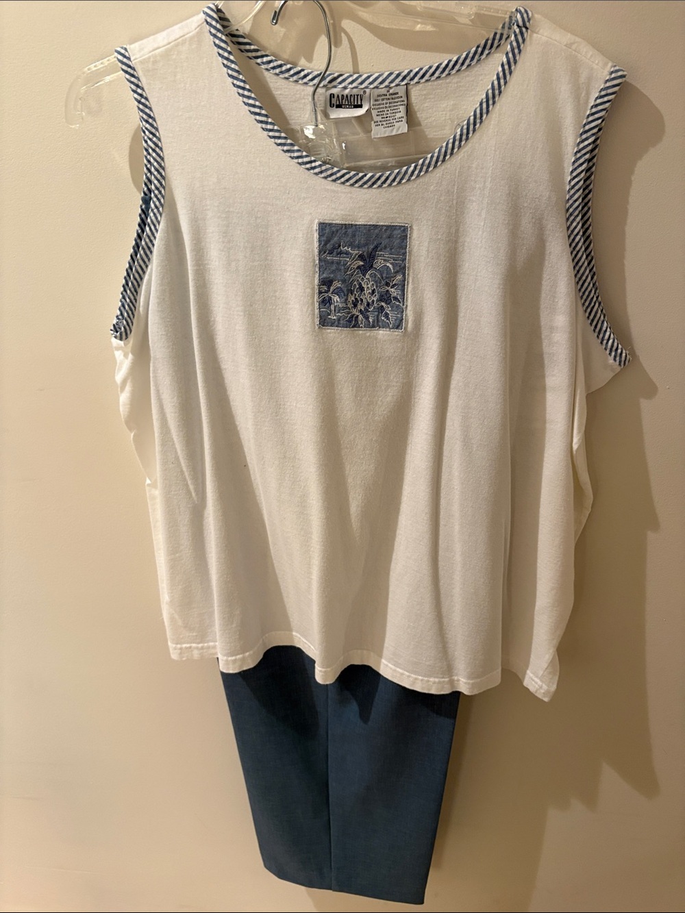Alfred Dunner White Tank with Blue Trim and Embroidered Patch